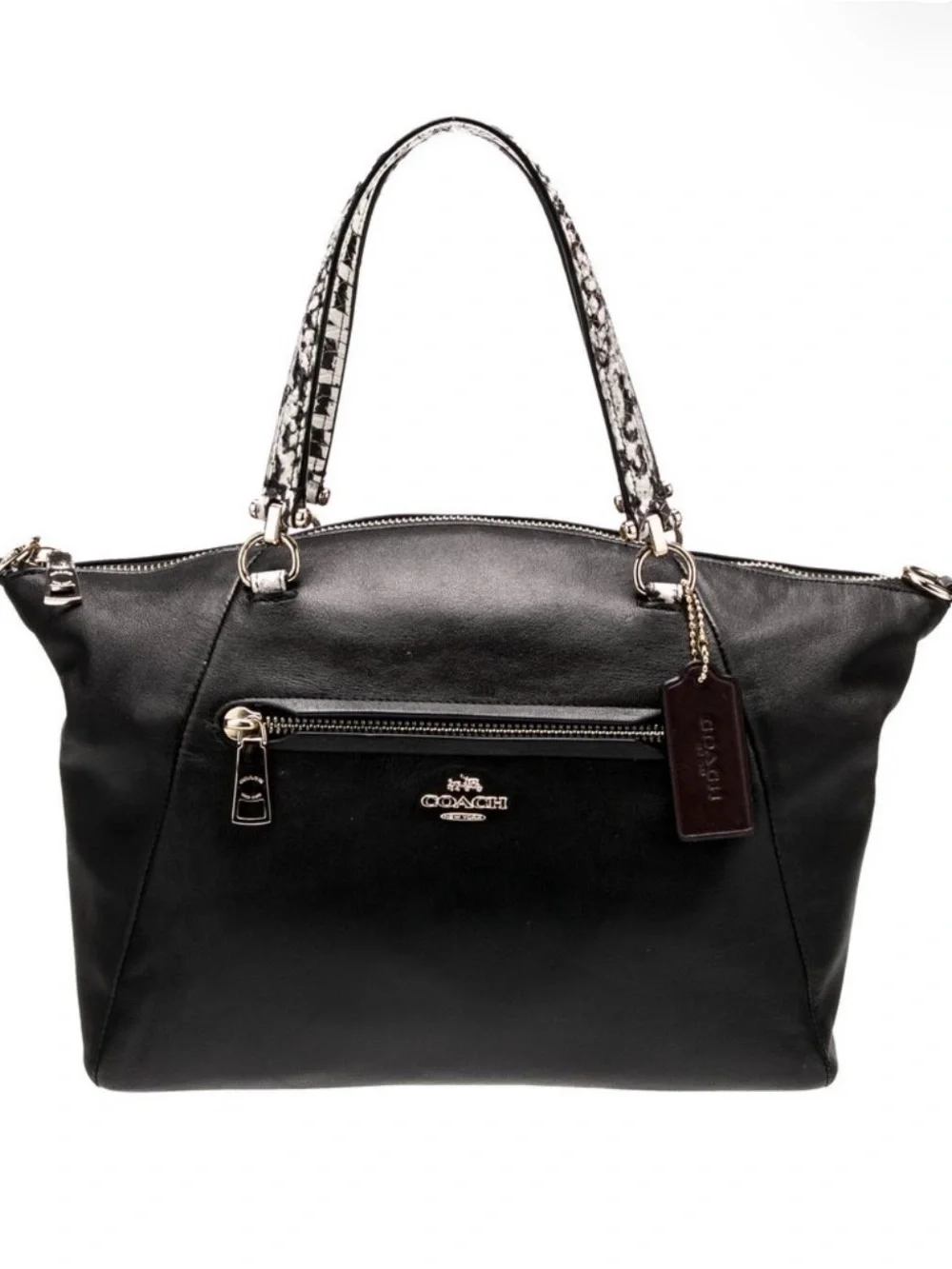 Coach Black Leather Tote with Patterned Top Handles